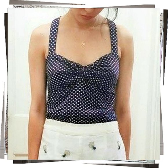 NWOT: Retro Blue & Cream Polka Dot Tank w/ Fabric Knot at Front (S) - Picture 1 of 6